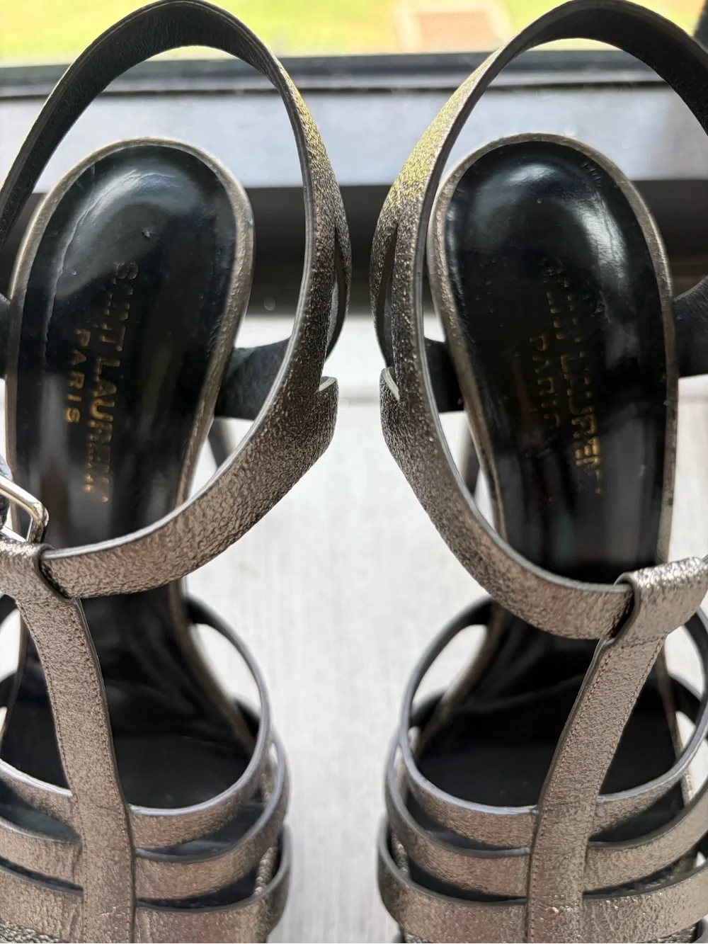 Saint Laurent Metallic Black Strappy Platform Heels - Picture 4 of 6